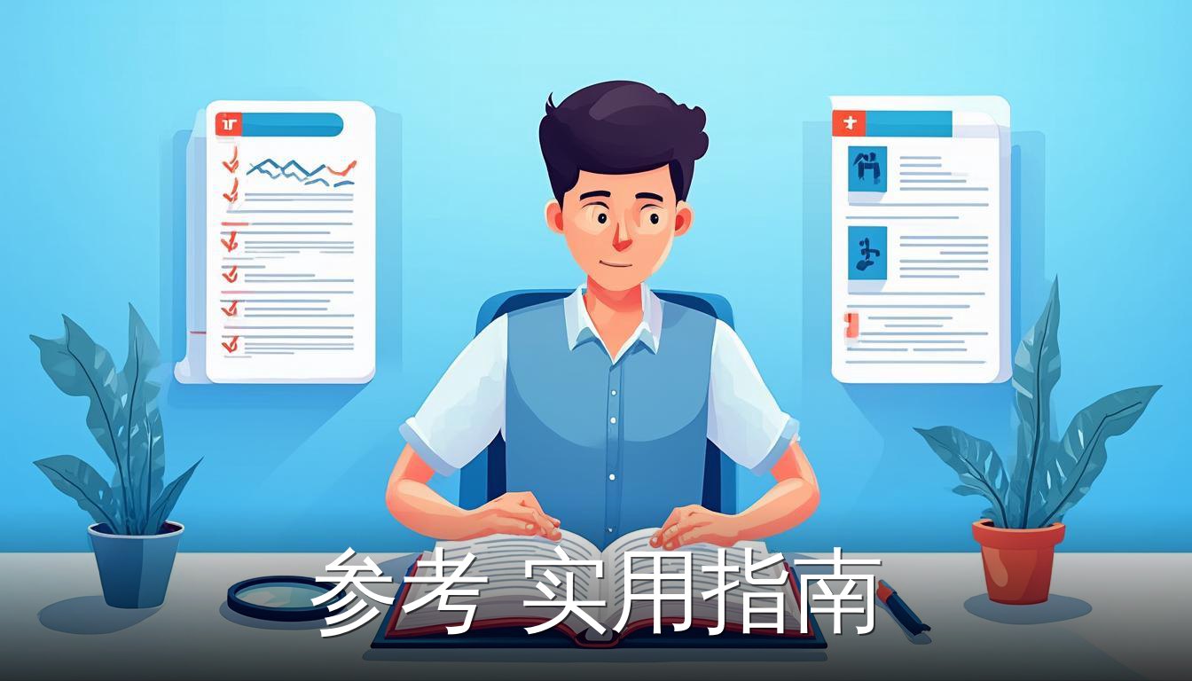 参考实用指南的扁平插画，技术写作者使用放大镜和清单阅读指南
