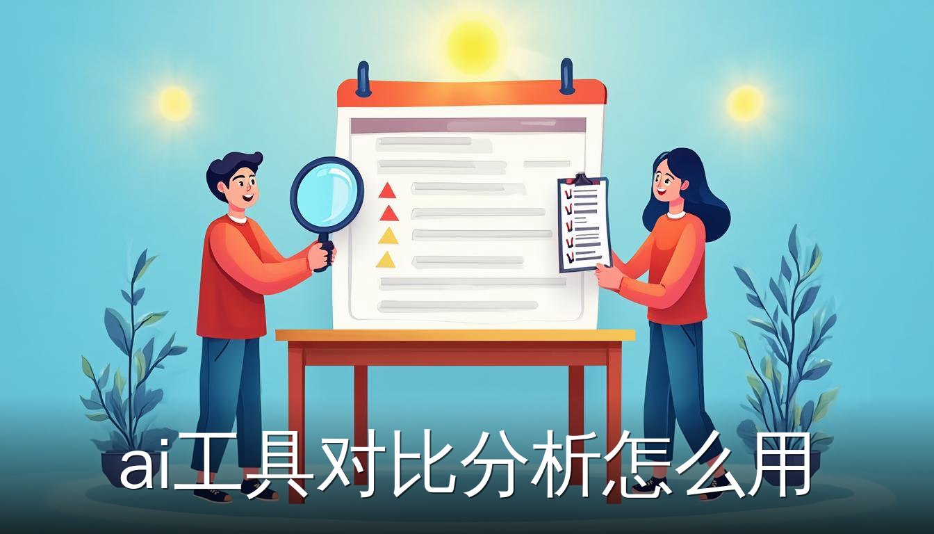 AI工具对比分析使用场景，人物用放大镜和清单评估工具