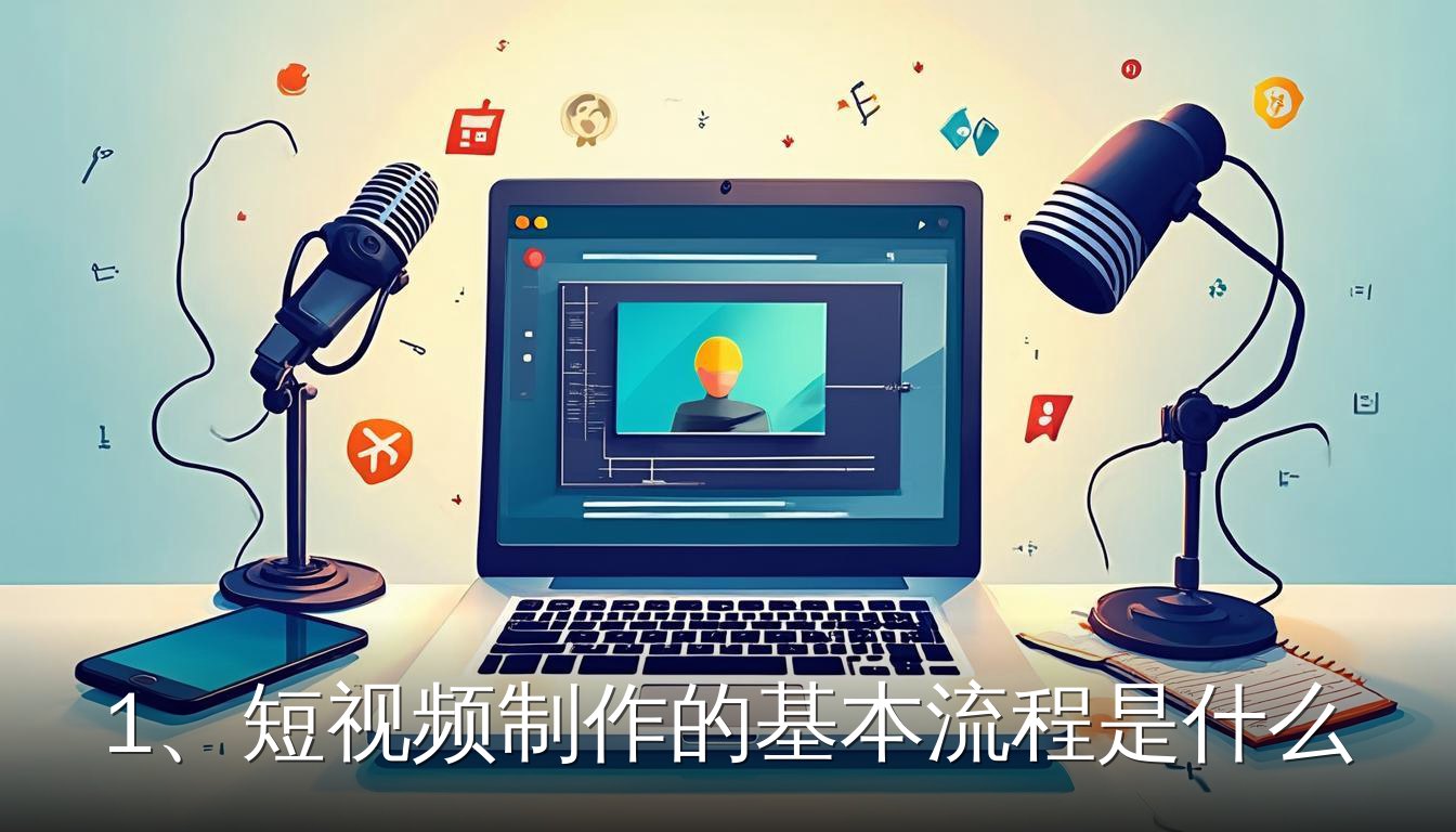 短视频制作基本流程的扁平插画，包含笔记本电脑、手机、麦克风和灯光设备