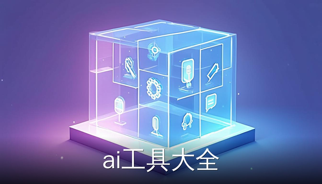 ai工具大全 概念图 展示多种AI工具图标 如写作 绘图 语音 对话 漂浮在立方体中